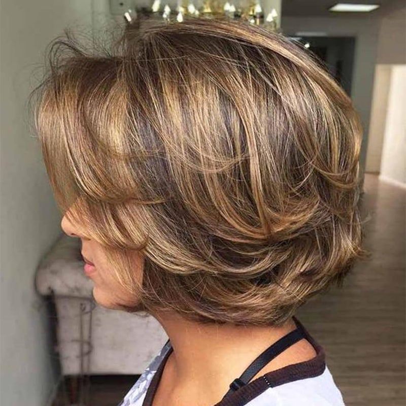 Aisaide Short Honey Blonde Pixie Cut Wig with Highlight Ombre Dark Brown Layered Bob Wigs for Women,Shaggy Layered Wig Ombre Highlight Brown Mixed Honey Blonde Curtain Bangs Curly Wig - Image 3